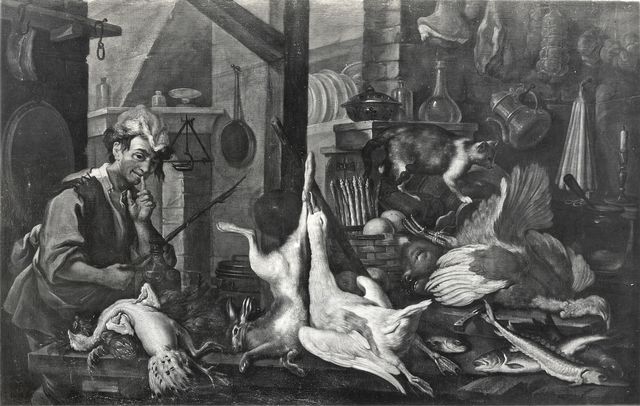 Gasparini — Duranti Giorgio - sec. XVIII - Interno di cucina con selvaggina, gatto, salumi, ortaggi e figura maschile — insieme